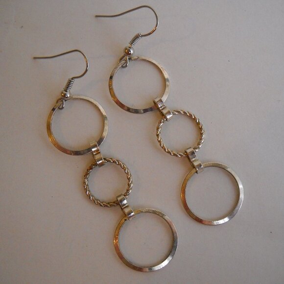 3 Ring Hoop Earrings Silvertone Metal Rope Chain Handcrafted Pierced Dangle OOAK - Picture 1 of 6